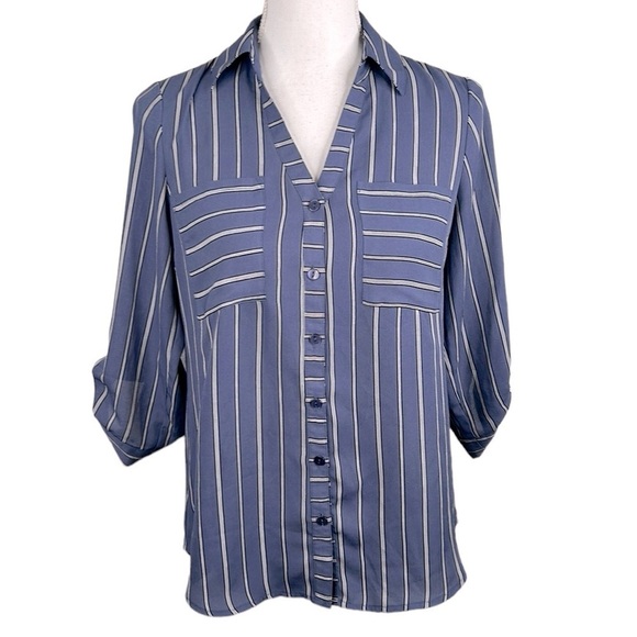 IZ Byer Blue Black & White Striped Button Down High Low Top Size XS - Picture 1 of 7